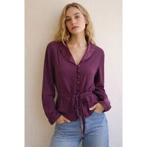 Vintage Breakin Loose Made in USA Purple Blouse Tie Waist Button Front Size M